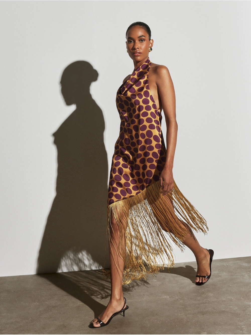 Missguided Gold and Purple Polka Dot One-Shoulder Fringe Dress